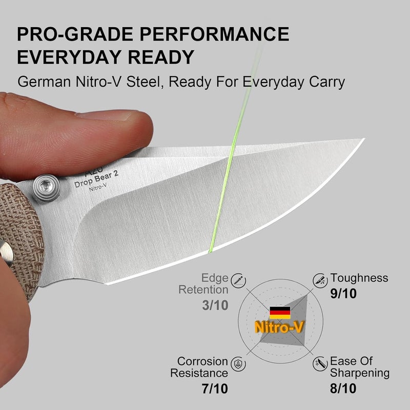 KIZER سكين جيب دروب بير 2، شفرة نقطة مشبك 2.96" من نيترو-في مع مقبض ميكارا بني، قفل بطانة زر لسكين EDC مع نتوءات على العمود للرجال والنساء V3619.2CC1 - Image 2